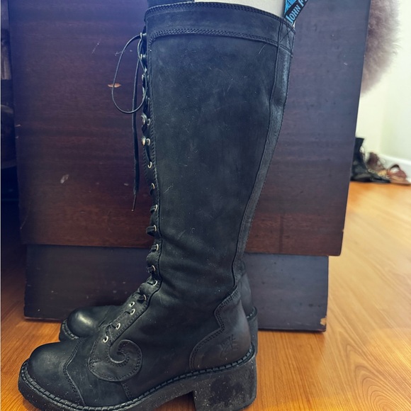 John Fluevog Black Leather Lace-Up Knee-High Boots - Picture 3 of 4